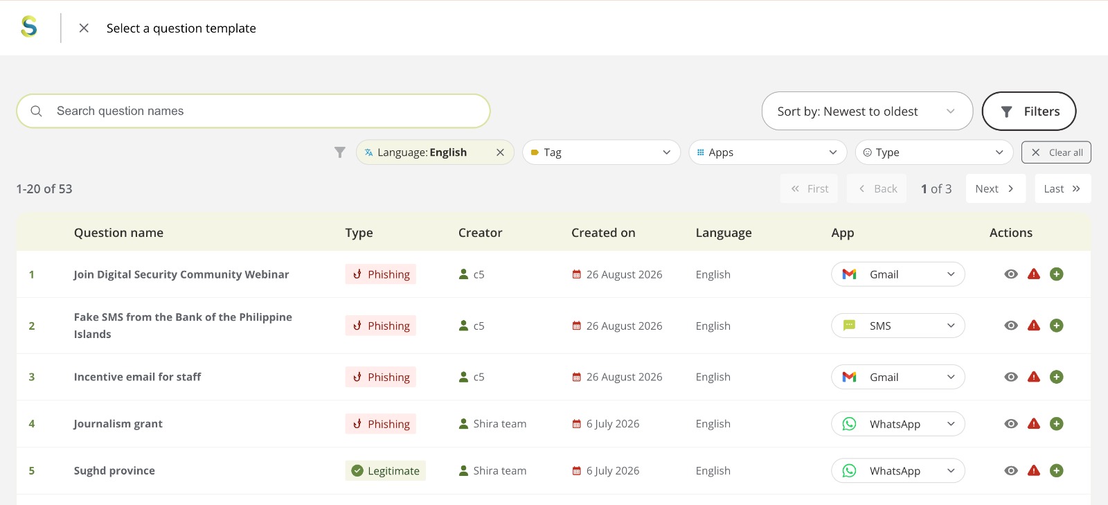 screenshot of the Create new question dialog in Shira
