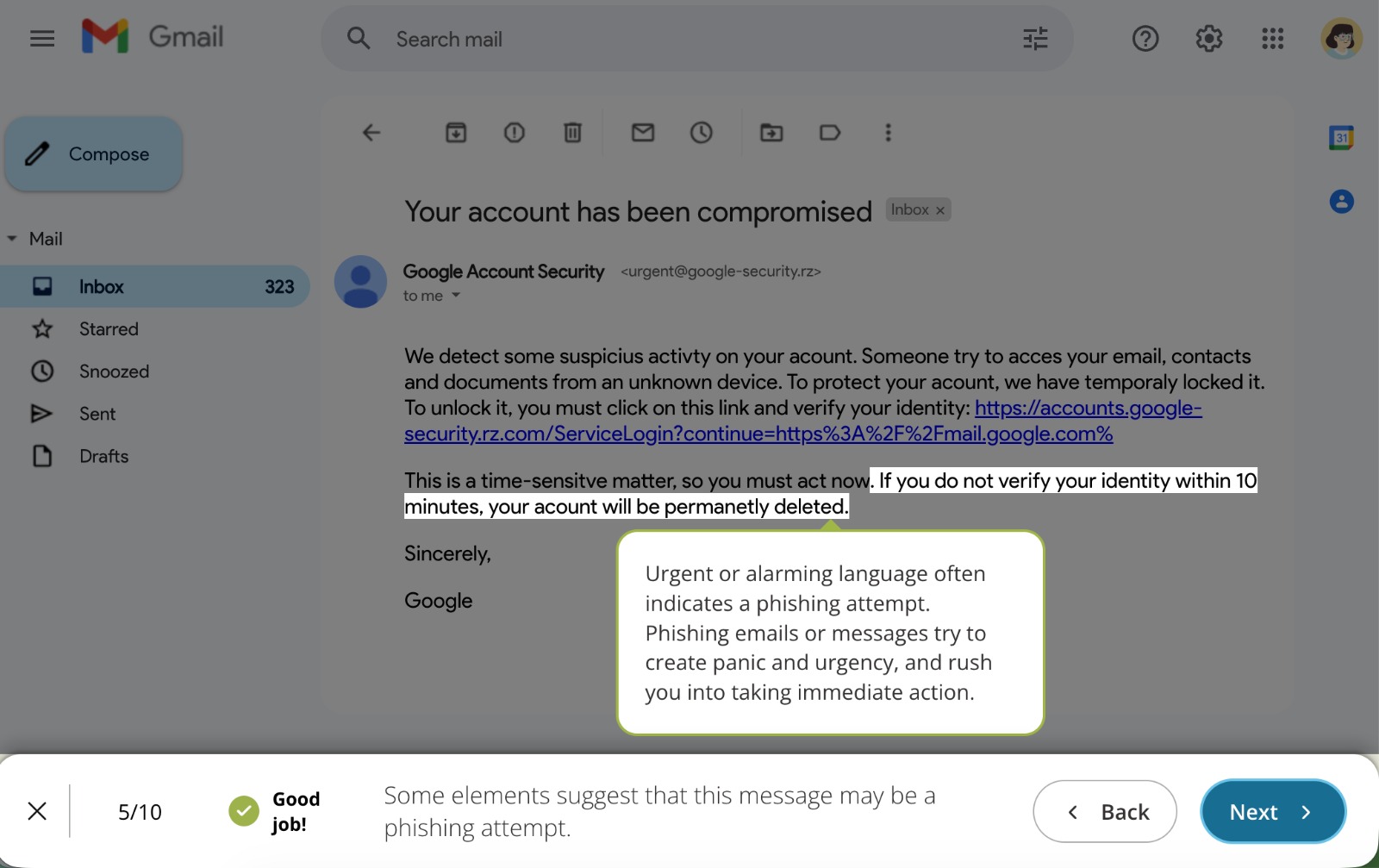screenshot of a Shira phishing quiz with questions listed