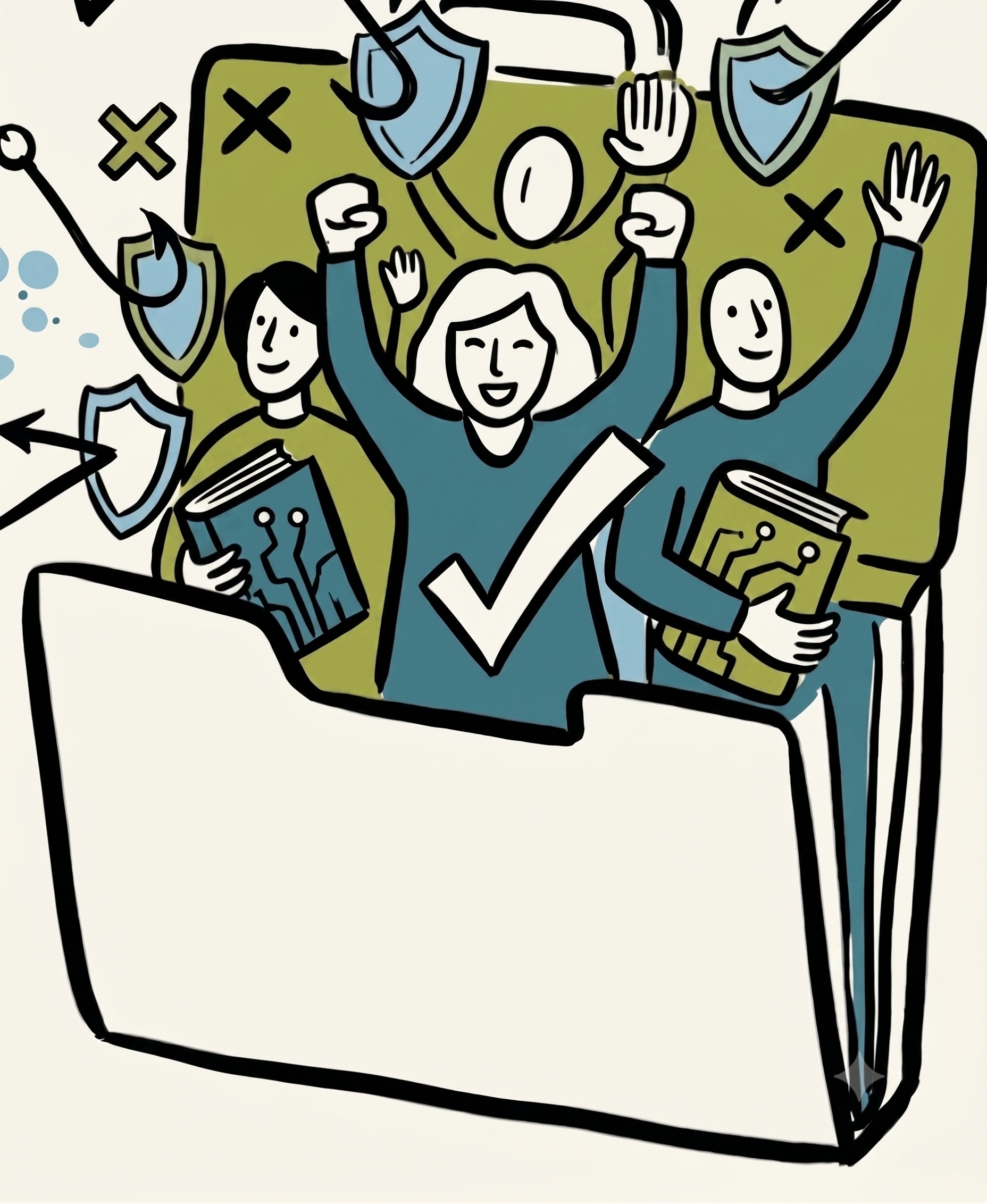 Illustration of people celebrating with a book, a checkmark, and security shields